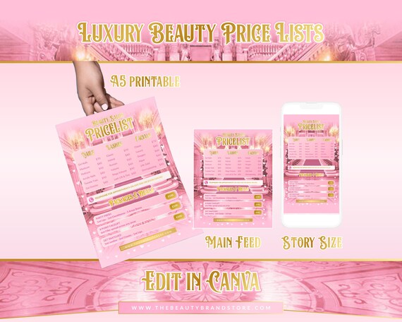 Pink & Gold Beauty Price Lists – Editable Canva Templates (Digital Download)