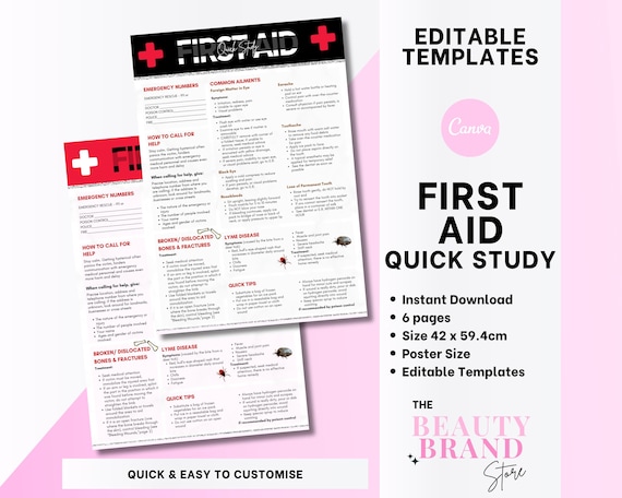 First Aid Quick Study, Step by Step, Cheat Sheets, Comprehensive Information Guides, PDF, Edit in Canva