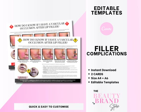 Lip Fillers & Dermal Filler Client Complications Cards, A4 Landscape and A6 Postcard, Editable Canva Templates