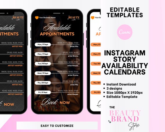 Weekly Availability Calendar Instagram Story, Available Appointments Calendar, Insta Stories Schedule, Orange,Beauty Template, Edit in Canva