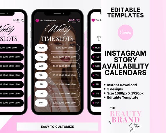 Weekly Availability Calendar Instagram Story, Available Appointments Calendar, Instagram Stories Schedule, Beauty Template, Edit in Canva