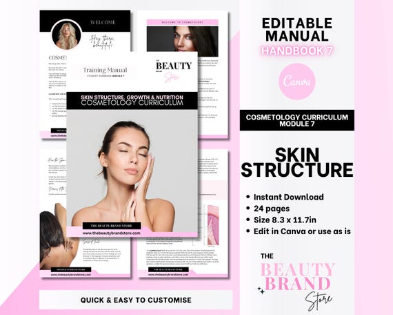 Cosmetology Training Manual: Skin Structure & Nutrition (Canva Template Digital Download)