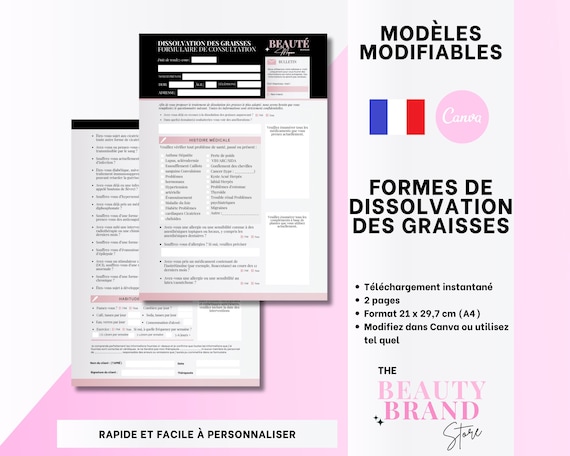 French Fat Dissolve Consultation & Consent Forms, formulaire de consentement pour la dissolution des graisses, Editable Canva Templates