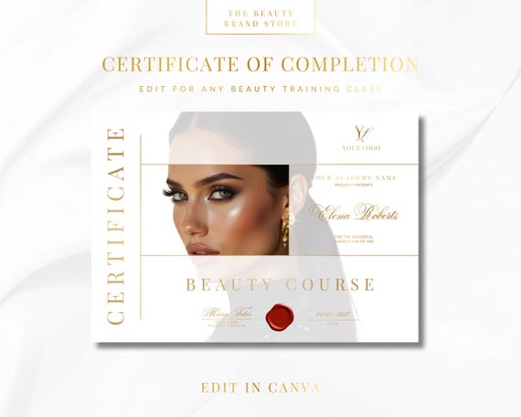 Beauty Academy Training Certificate Diploma, Editable Canva Template (Digital Download)