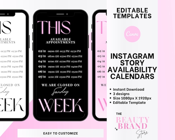 Weekly Availability Calendar Instagram Story, Available Appointments Calendar, Insta Stories Schedule, Pink, Beauty Template, Edit in Canva