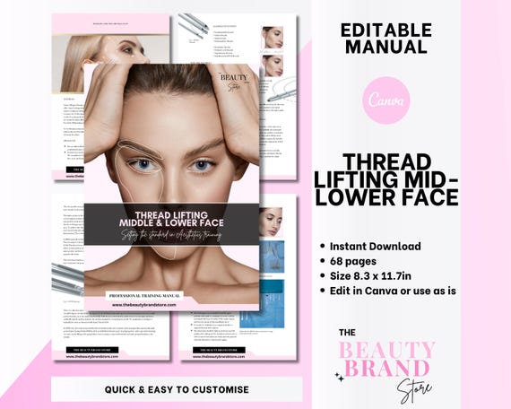 Thread Lifting Middle and Lower Face including chin, Training Manual, Thread lifts in Aesthetics for Face, Training Guide, Editable in Canva