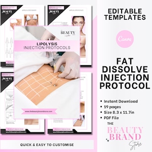 Livret de protocole d'injections de lipolyse pour dissolution des graisses, canule, aiguille, rouleau, mésothérapie, PPC, DA, modèle de manuel PDF modifiable pour livre électronique Canva