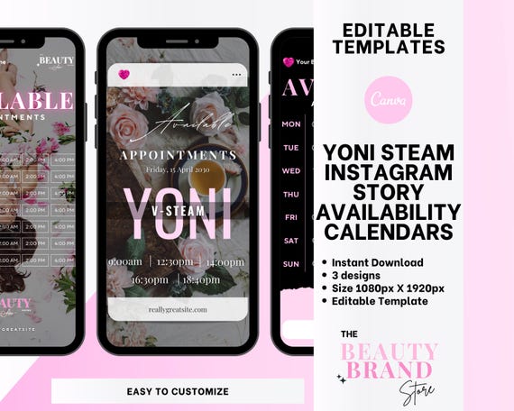 Yoni Steam Weekly Availability Calendar Instagram, Available Appointments Calendar, Insta Stories Schedule, Beauty Template, Edit in Canva