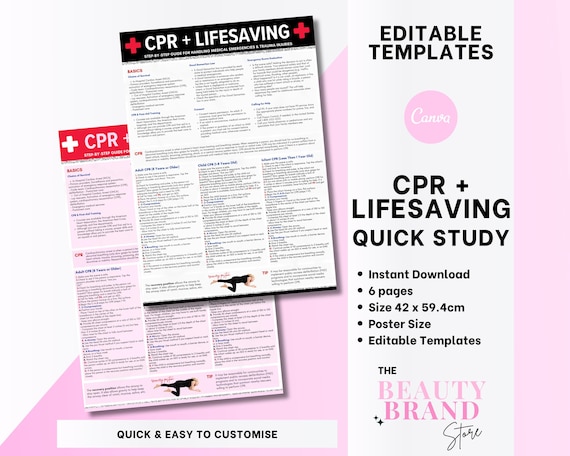 CPR + Lifesaving Quick Study, Step by Step, Cheat Sheets, Comprehensive Information Guides, PDF, Edit in Canva