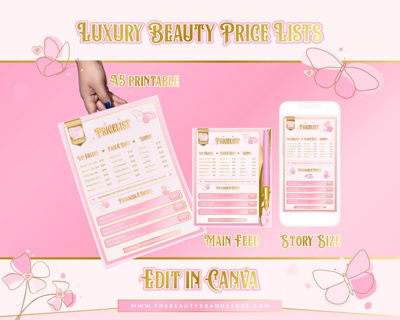 Pink & Gold Beauty Price List Template - Editable Canva Design (Digital Download)