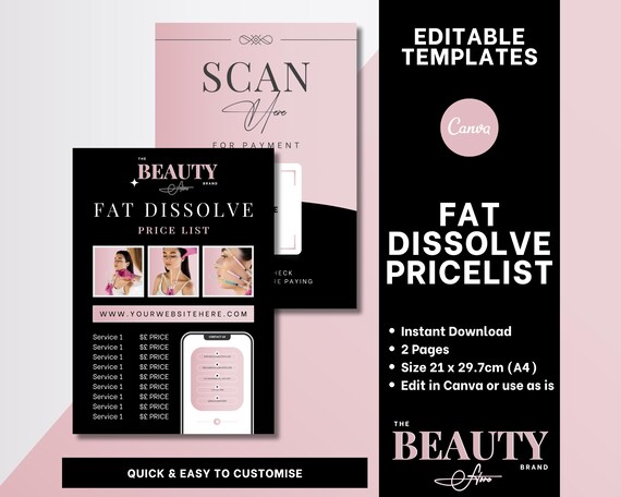 Fat Dissolve Price List, Services Menu, Payment Methods, Editable Canva Templates