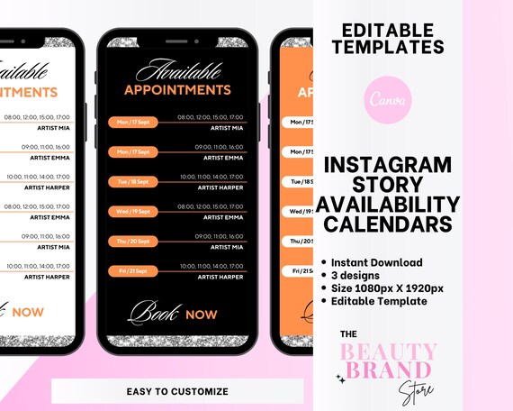 Weekly Availability Calendar Instagram Story, Available Appointments Calendar, Insta Stories Schedule, Orange,Beauty Template, Edit in Canva