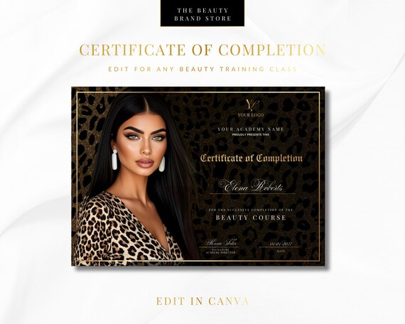 Beauty Academy Certificate of Completion, Editable Canva Template (Digital Download)