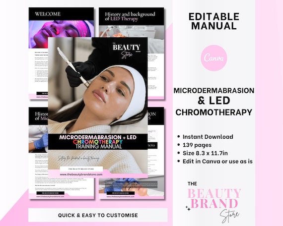 Microdermabrasion, LED, Chromotherapy Training Manual, Facials Course, Guide, Edit in Canva, Professional Beauty Manuals, Student, Educator