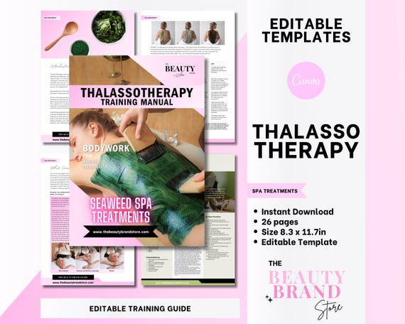 Thalassotherapy Spa Treatment Training Manual, Seawood Body Wrap, Algae Facial, Massage Therapist, Student or Tutor, Editable Canva Template
