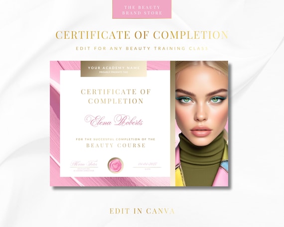 Editable Beauty Academy Certificate of Completion, Canva Template (Digital Download)
