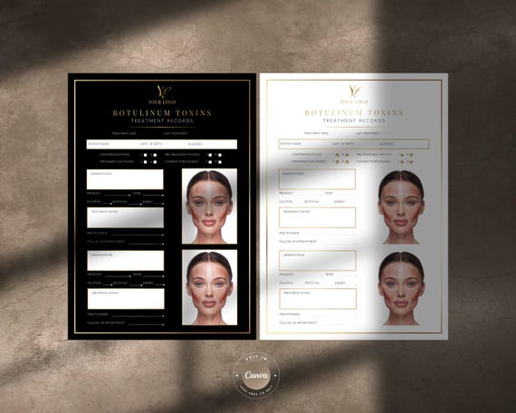Botulinum Toxins Anti Wrinkle Injections Patient Treatment Records, Editable Forms for Nurse Injectors, Face Injection Mapping Charts
