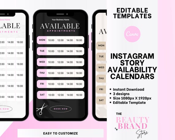Weekly Availability Calendar Instagram Story, Available Appointments Calendar, Insta Stories Schedule, Pink, Beauty Template, Edit in Canva
