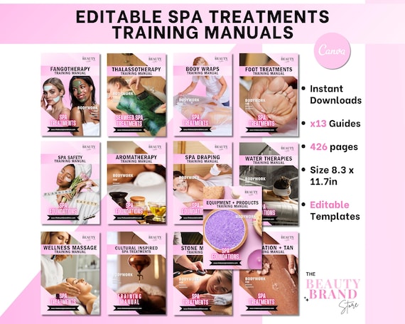Spa Treatments Training Manuals x13, Massage Therapists, Bodyworkers, Estheticians, Spa Work, Student, Educator, Editable Canva Templates