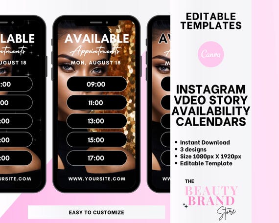 Weekly Video Availability Calendar Instagram Story, Available Appointments Calendar, Insta Stories Schedule, Beauty Template, Edit in Canva