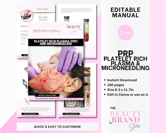 PRP & Microneedling Training Manual, PRP Guide, Aesthetics Course, Platelet Rich Plasma Editable Training Manual, Student, Tutor, Canva