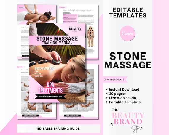 Stone Massage Guide, Spa Treatments Training Manual, Hot & Cold Stones, Massage Therapist, Student or Tutor, Editable Canva Template