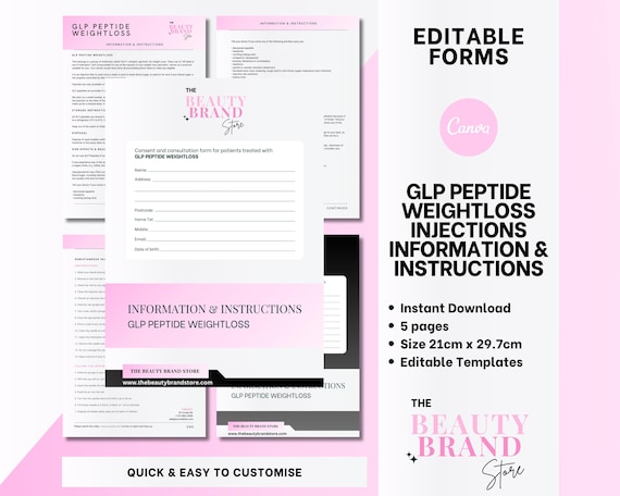 GLP Peptide Therapy Weightloss Injections Information and Instructions Editable Documents, Peptide Injection Forms, Editable Canva Templates