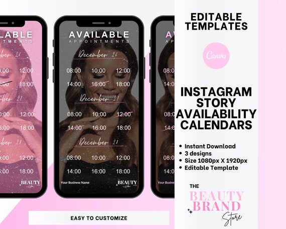 Weekly Availability Calendar Instagram Story, Available Appointments Calendar, Insta Stories Schedule, Pink, Beauty Template, Edit in Canva