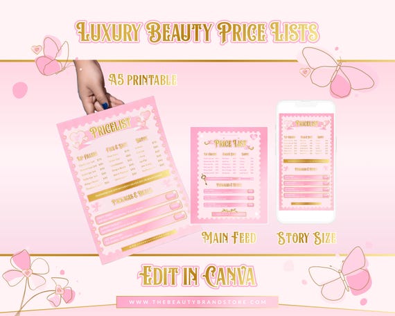 Pink & Gold Beauty Price List Template – Editable Canva Design (Digital Download)