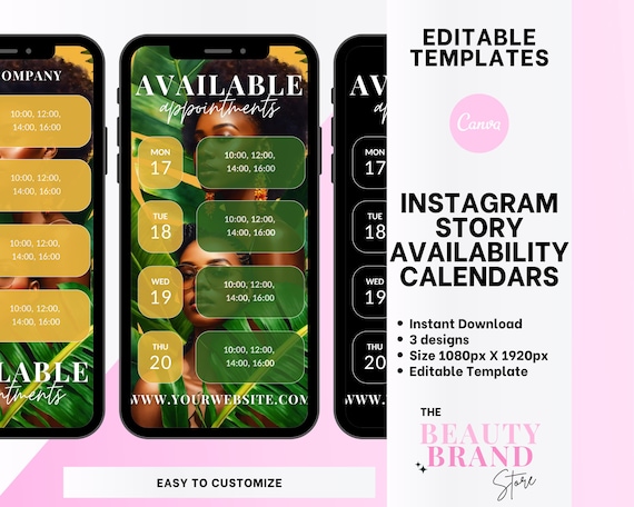Weekly Availability Calendar Instagram Story, Available Appointments Calendar, Insta Stories Schedule, Beauty Template, Edit in Canva