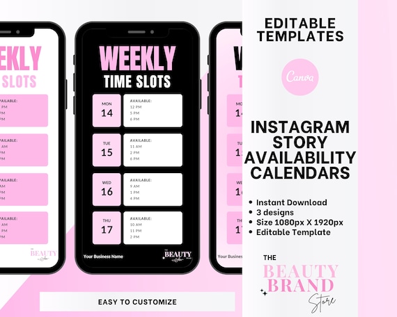Weekly Availability Calendar Instagram Story, Available Appointments Calendar, Insta Stories Schedule, Pink, Beauty Template, Edit in Canva