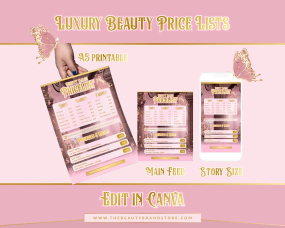 Beauty Salon Price Lists, Lash Tech, Hair, Nails Templates (Editable Canva)