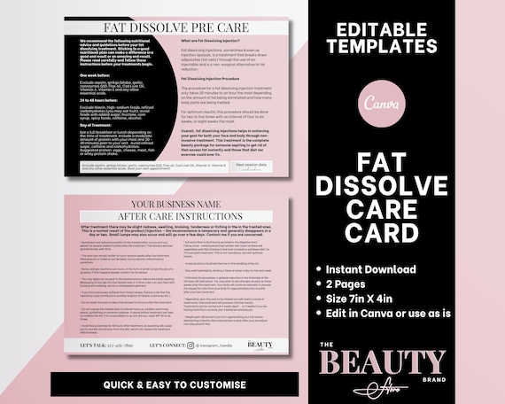 Fat Dissolve Client Care Card, Pre Treatment Care, Post Treatment Care, Editable Canva Template
