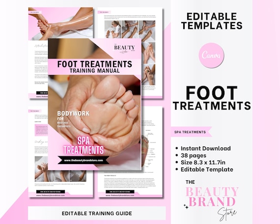 Foot Treatments Guide, Spa Treatments Training Manual, Foot Care, Reflexology, Massage Therapist, Student or Tutor, Editable Canva Template