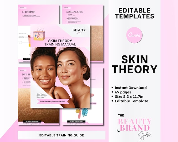 Skin Theory Training Manual, Skin Anatomy Guide, Student or Tutor, Skin Disorders, Esthetician Training Resources, Editable Canva Template