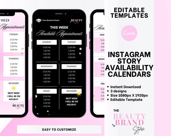 Weekly Availability Calendar Instagram Story, Available Appointments Calendar, Insta Stories Schedule, Pink, Beauty Template, Edit in Canva
