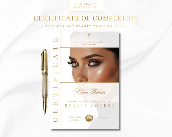 Editable Beauty Academy Certificate of Completion, Canva Template (Digital Download)