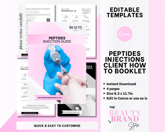 Peptide Therapy Injections Protocol Booklet, Patients Injections Guide, IM Injections, Sub Q Injections, Editable Canva Template, PDF Ebook