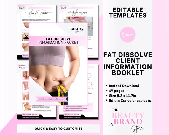 Fat Dissolve Injections Client Information Booklet including Pre Treatment and Post Treatment, Editable Canva Template