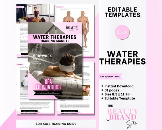 Water Therapies Training Manual, Hydrotherapy Spa Foundations, Massage Therapists, Spa Work, Student, Educator, Editable Canva Template