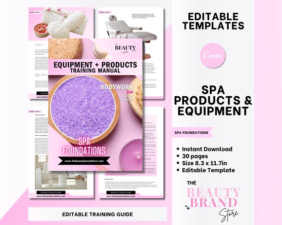 Spa Products & Equipment Training Manual, Spa Foundations, Massage Therapists, Spa Work, Student, Educator, Editable Canva Template