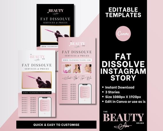 Fat Dissolve Instagram Stories, Price List, Services Menu, Social Media Adverts, Editable Canva Templates