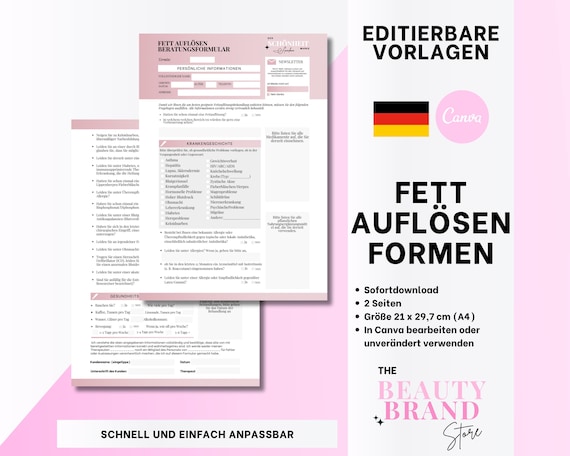 German Fat Dissolve Consultation & Consent Forms, Fett auflosen Formulare, Editable Canva Templates