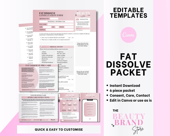 Fat Dissolve Consultation Forms with Consent, Pre Care, Post Care, Aftercare with Business Contact Card, Edit in Canva
