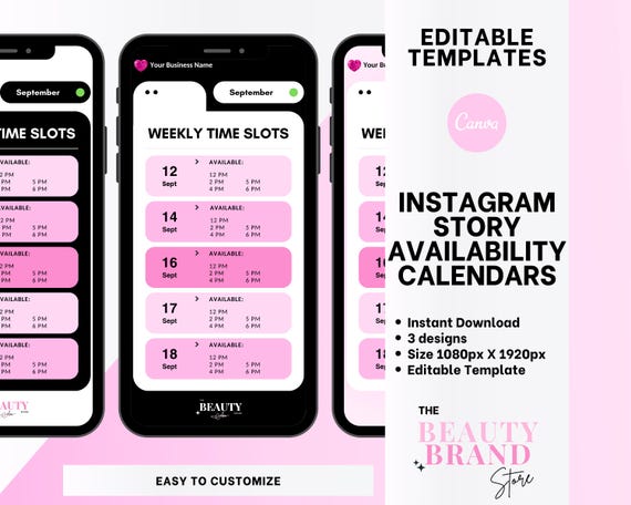 Weekly Availability Calendar Instagram Story, Available Appointments Calendar, Instagram Stories Schedule, Beauty Template, Edit in Canva