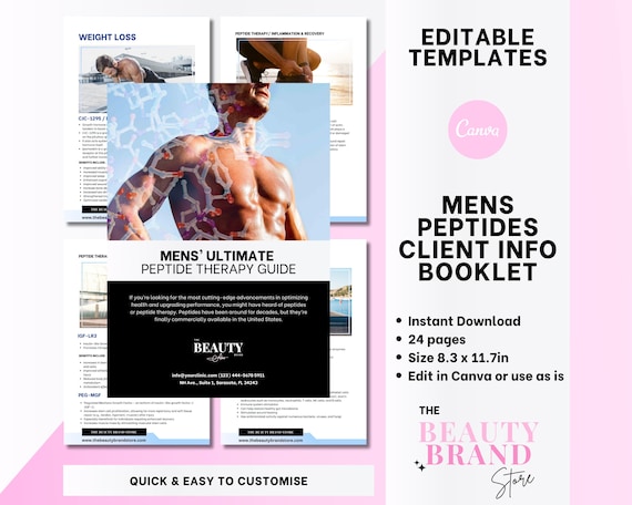 Mens Peptides Therapy Patient Information Booklet, Peptides Male Patient Guide, PLR, MMR, Editable Canva Template, PDF EBook