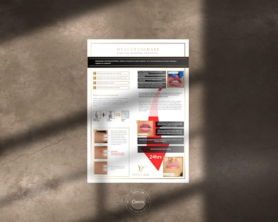 Elective Reversal for Hyaluronic Acid Fillers Cheat Sheet, Aesthetics Injector Reference Guide or Educational Study Guide, Edit in Canva