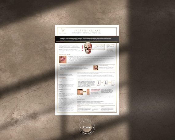Emergency Reversal for Hyaluronic Acid Fillers Cheat Sheet, Aesthetics Injector Reference Guide or Educational Study Guide, Edit in Canva