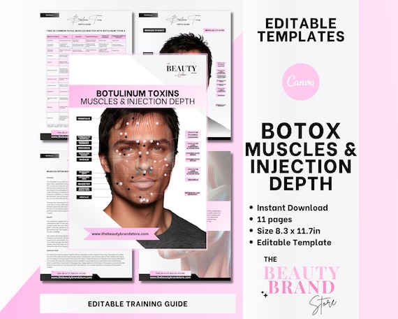 Botox Injection Depth and Muscles, Botulinum Toxins Guide, DIY or Professional, Beginners, Cosmetic Aesthetics, Editable PDF E-Book Canva