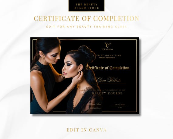 Beauty Academy Certificate of Completion, Editable Canva Template (Digital Download) Makeup Artist MUA Theme
